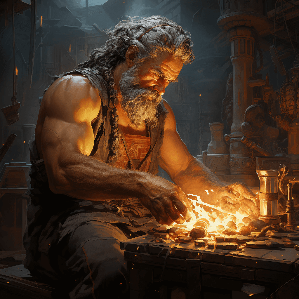A depiction of Hephaestus at his forge